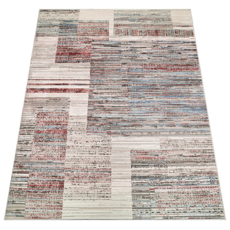 Dywan Retro Szary Rudy Niebieski Paski Nowoczesny