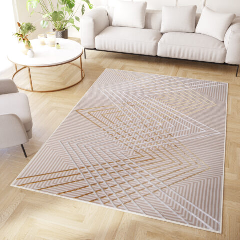 Dywan Crystal Złoty Beżowy ZygZak Geometryczny Efekt 3D