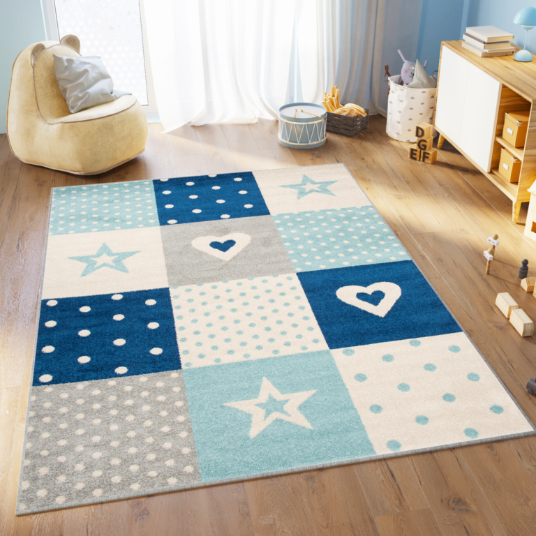 Dywan Lazur Szary Niebieski Kwadraty Dziecięcy