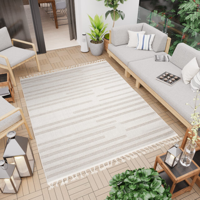 Dywan Timber Indoor Outdoor Beżowy Paski z Frędzlami