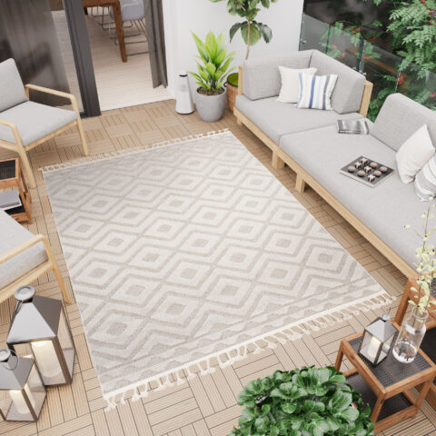 Dywan Timber Indoor Outdoor Beżowy Romby z Frędzlami