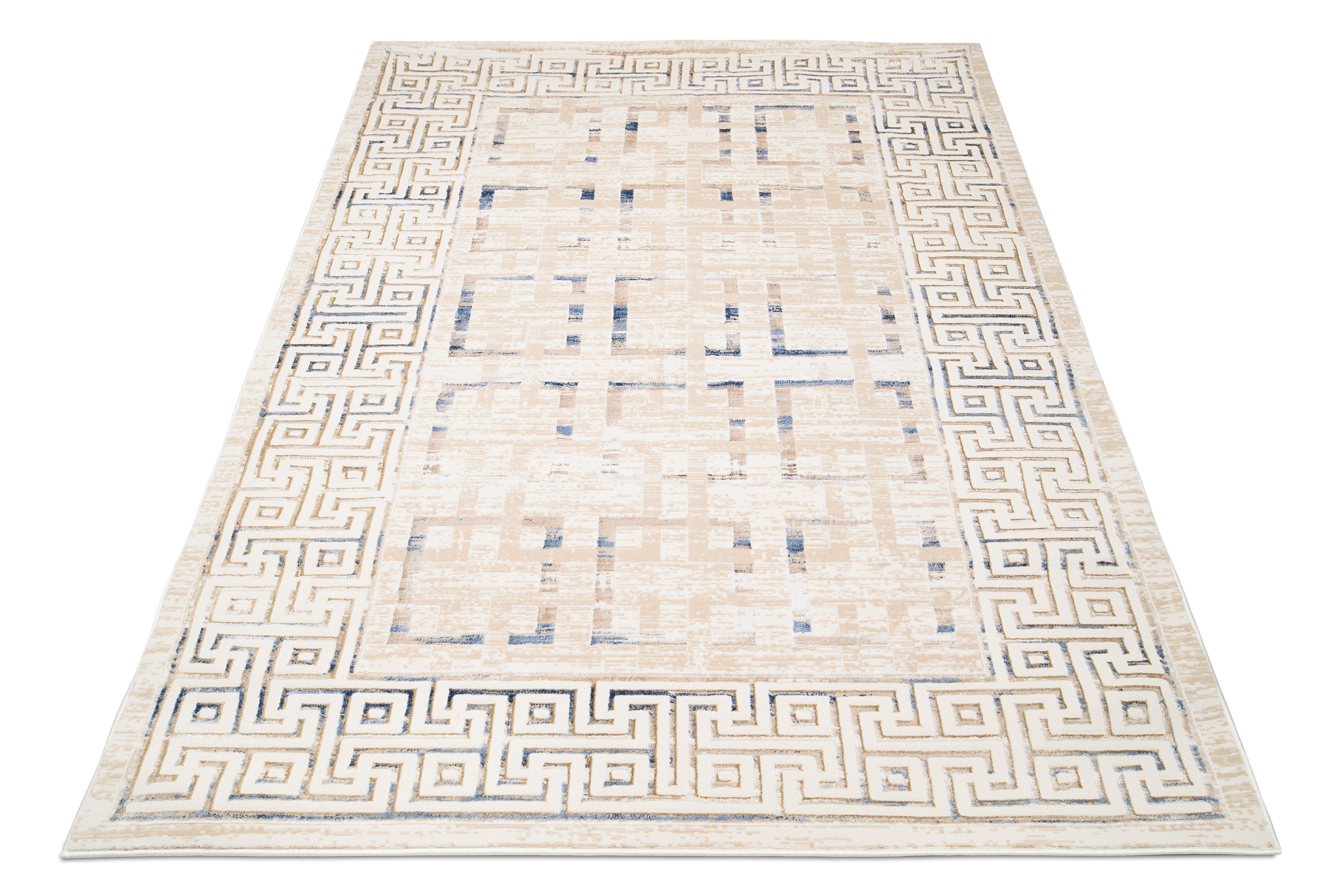 Dywan Hera Kremowy Beżowy Niebieski Geometryczny Efekt 3D