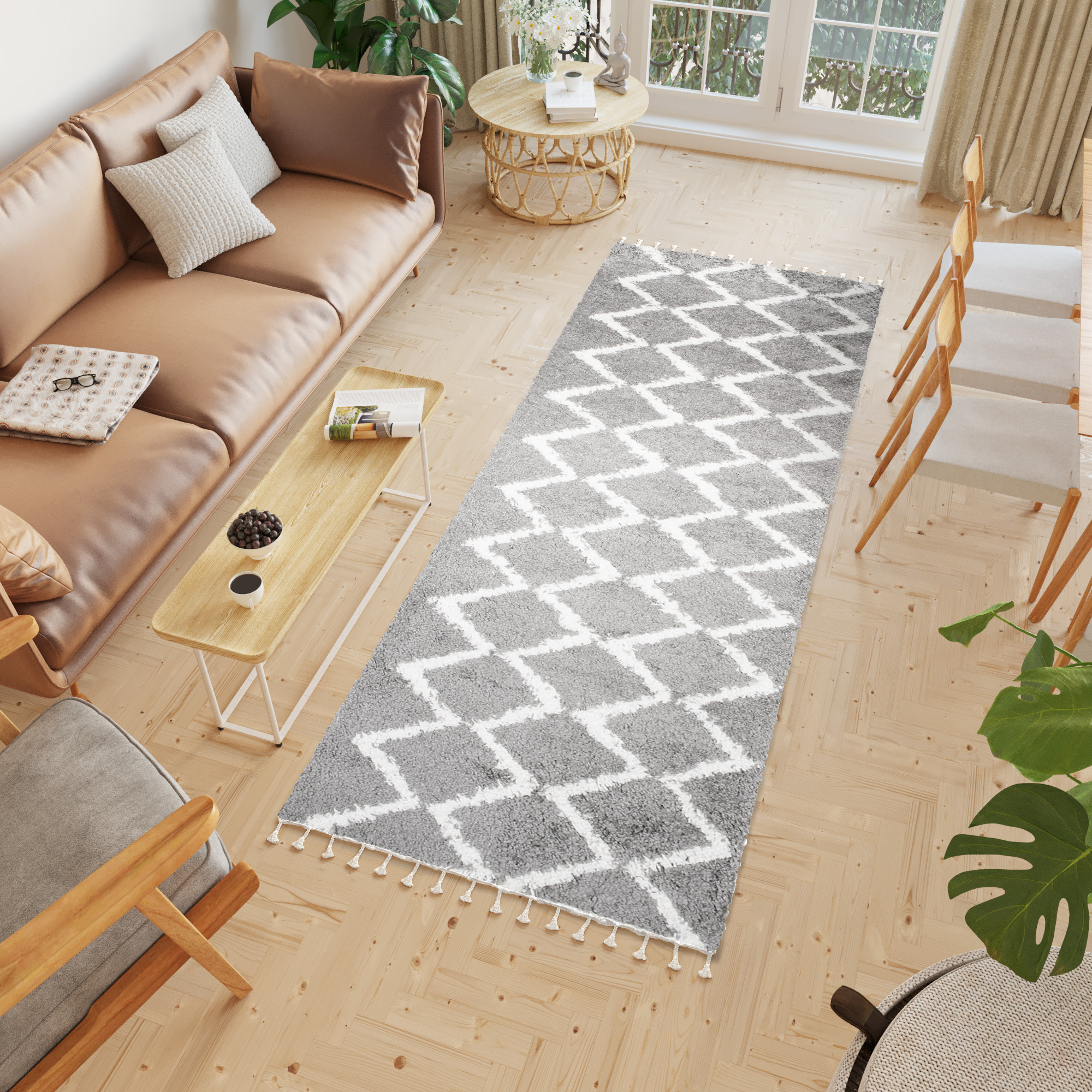 Chodnik Boho z Frędzlami Szary ZygZaki Shaggy