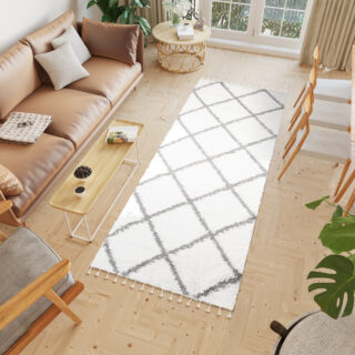 Chodnik Boho z Frędzlami Kremowy Romby Shaggy