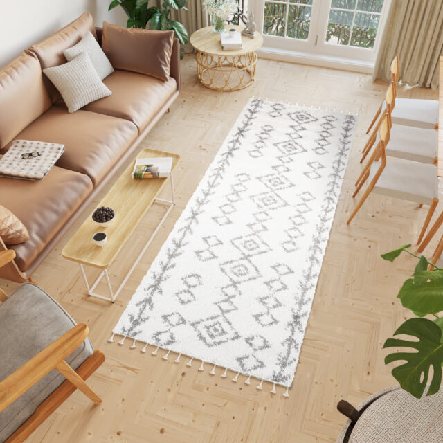Chodnik Boho z Frędzlami Kremowy Geometryczny Shaggy