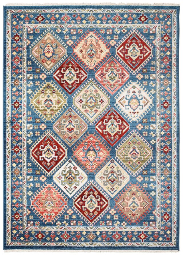 Dywan Rivoli Niebieski Geometryczny Ornamenty z Frędzlami