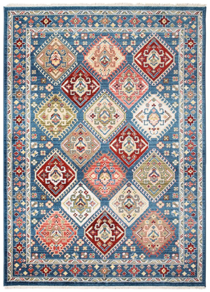 Dywan Rivoli Niebieski Geometryczny Ornamenty z Frędzlami