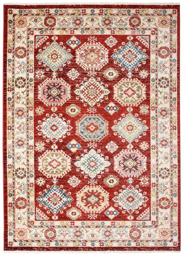 Dywan Rivoli Klasyczny Czerwony Geometryczny z Frędzlami