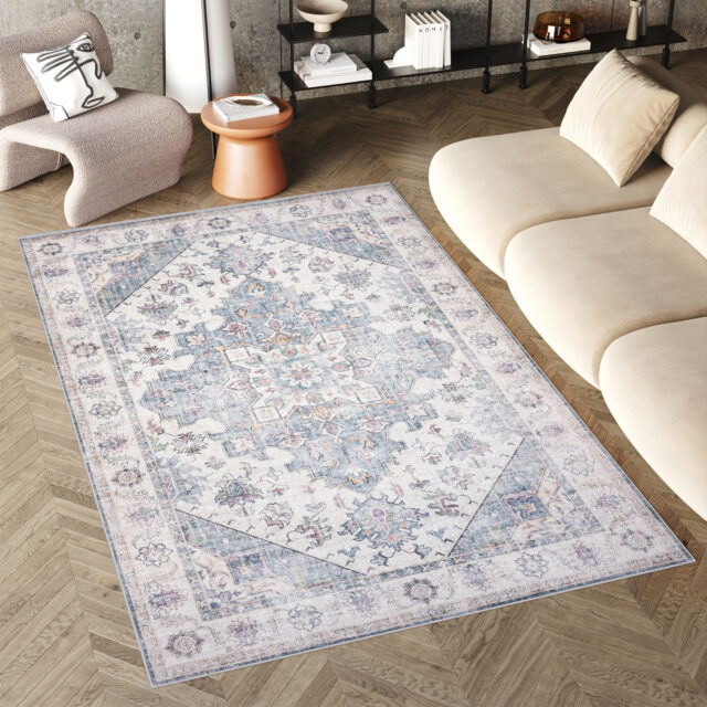 Dywan Flannel Kremowy Niebieski Rozeta Vintage