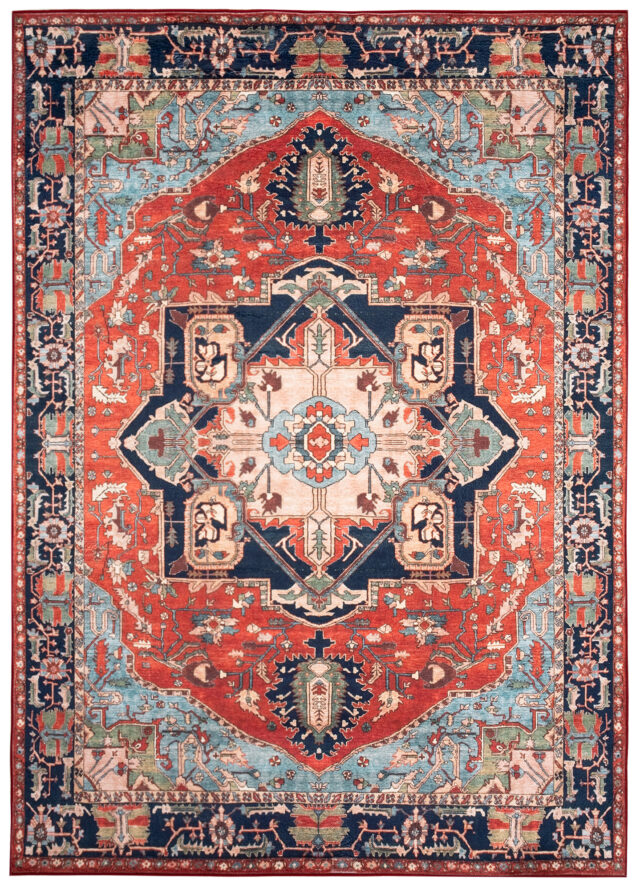 Dywan Flannel Czerwony Granatowy Rozeta Vintage