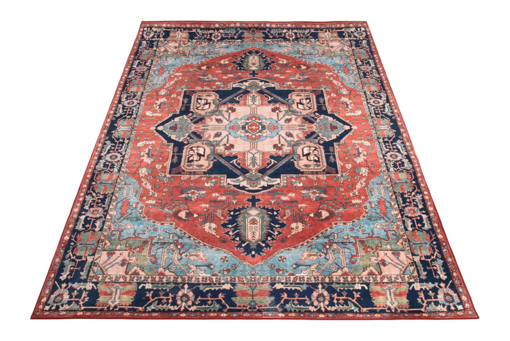 Dywan Flannel Czerwony Granatowy Rozeta Vintage