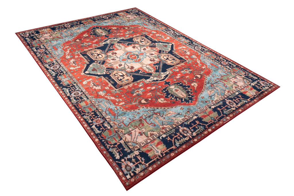 Dywan Flannel Czerwony Granatowy Rozeta Vintage