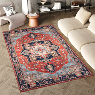 Dywan Flannel Czerwony Granatowy Rozeta Vintage
