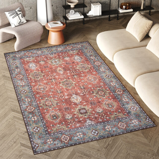 Dywan Flannel Czerwony Niebieski Ornamenty Vintage