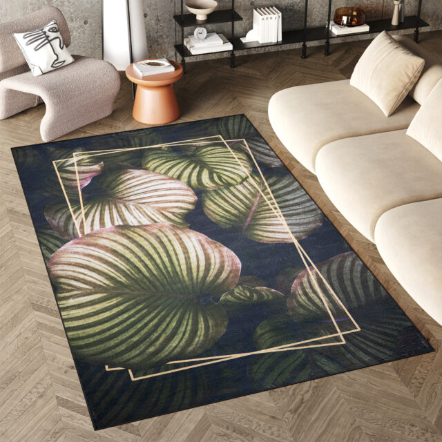 Dywan Flannel Ciemny Zielony Liście Ramka