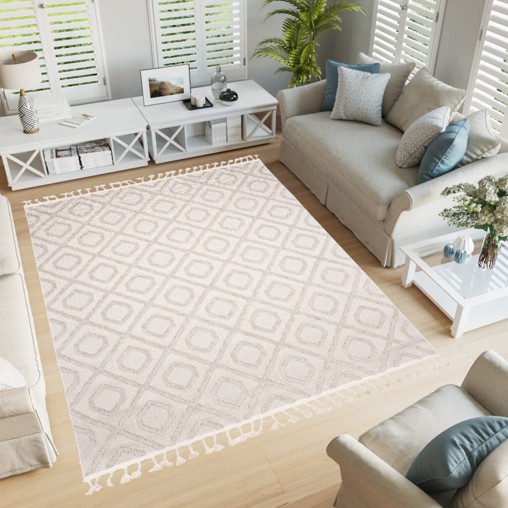Dywan Timber Indoor Outdoor Beżowy Geometryczny z Frędzlami