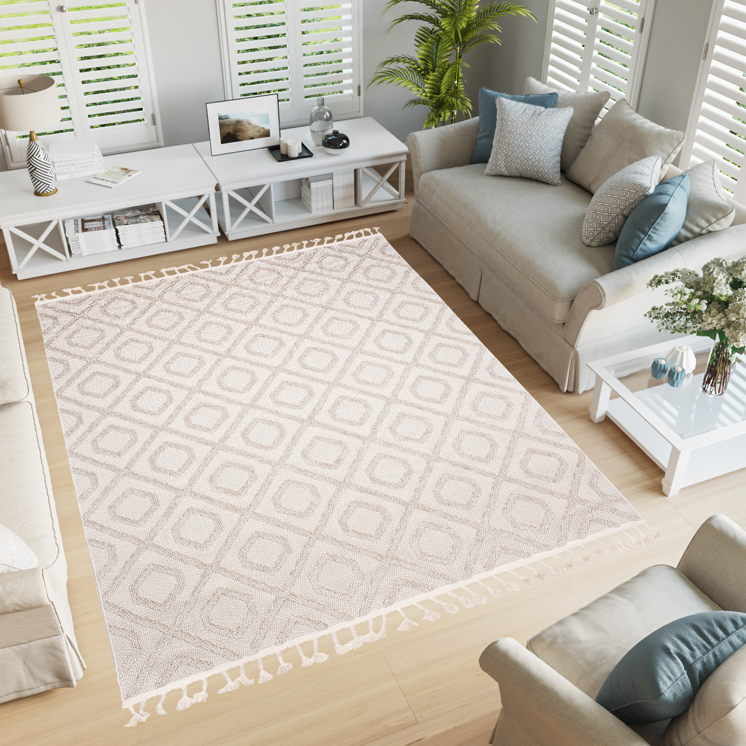 Dywan Timber Indoor Outdoor Beżowy Geometryczny z Frędzlami