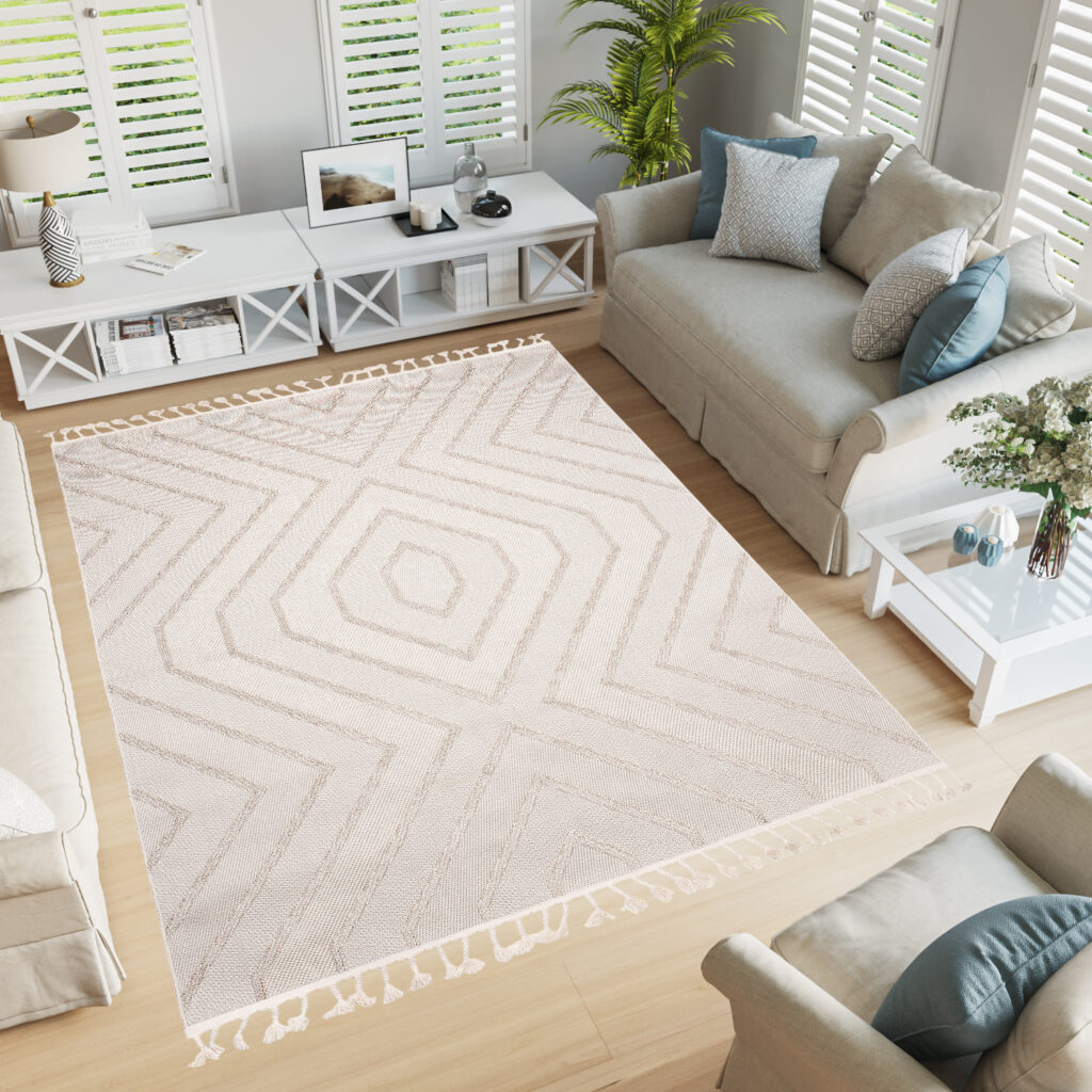 Dywan Timber Indoor Outdoor Beżowy ZygZak z Frędzlami