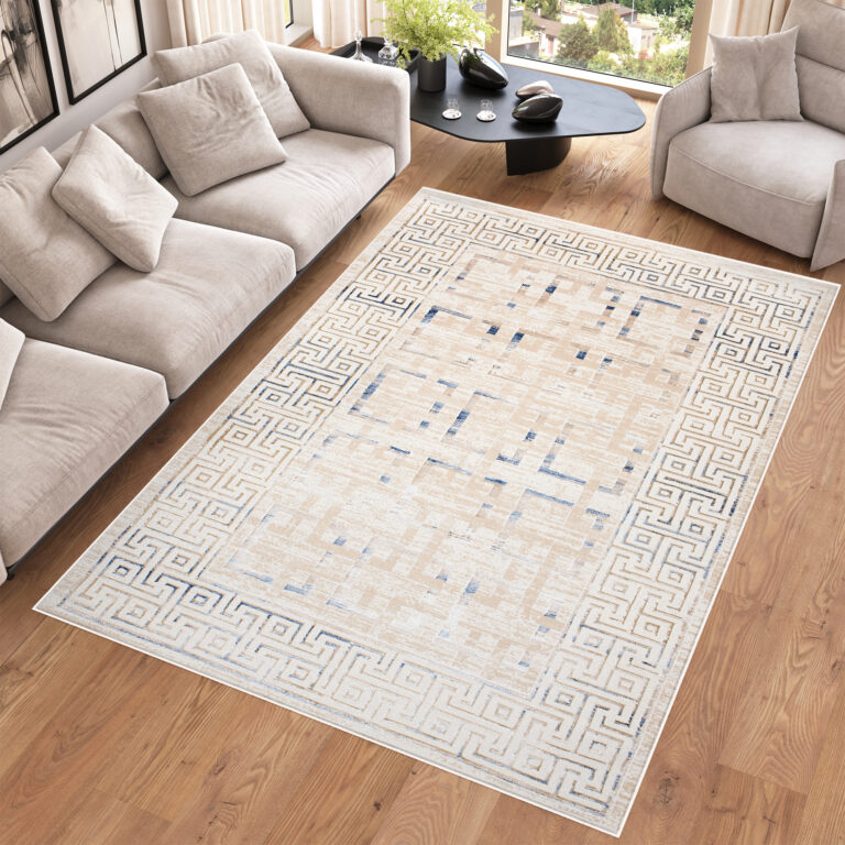 Dywan Hera Kremowy Beżowy Niebieski Geometryczny Efekt 3D