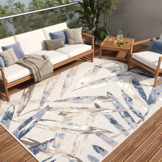 Dywan Zewnętrzny Patio Szary Niebieski Liście