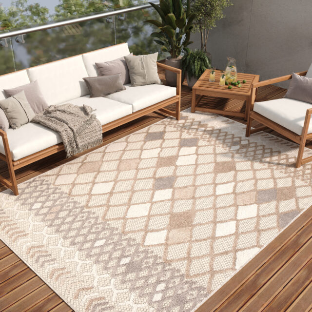 Dywan Zewnętrzny Patio Szary Kremowy Etniczny
