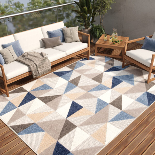Dywan Zewnętrzny Patio Szary Niebieski Geometryczny