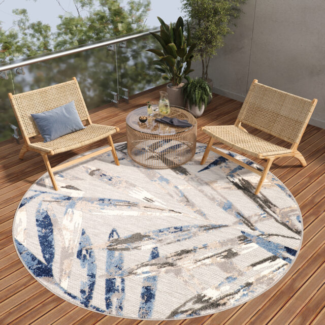 Dywan Zewnętrzny Patio Okrągły Szary Liście