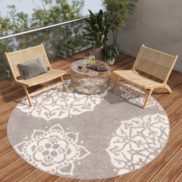 Dywan Zewnętrzny Patio Okrągły Szary Ornamenty