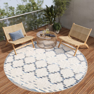 Dywan Zewnętrzny Patio Okrągły Szary Niebieski Trellis