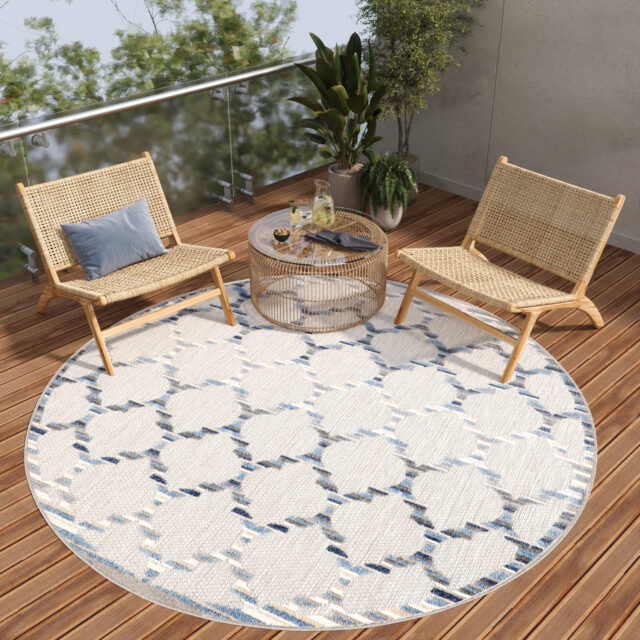 Dywan Zewnętrzny Patio Okrągły Szary Niebieski Trellis