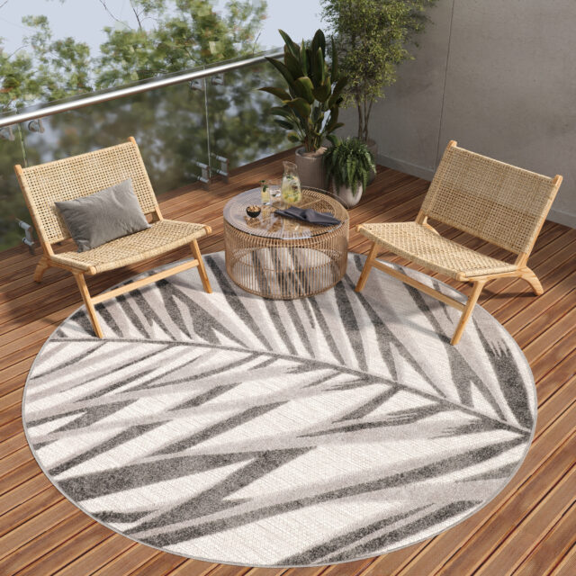 Dywan Zewnętrzny Patio Okrągły Szary Beżowy Liście