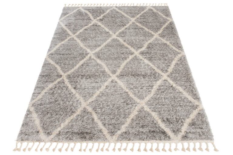 Dywan Versay Szary Kremowy w Kratę z Frędzlami