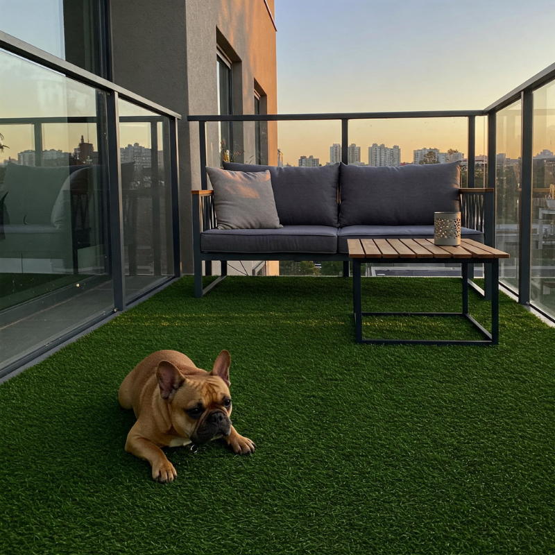 buldog francuski leży na sztucznej trawie na balkonie