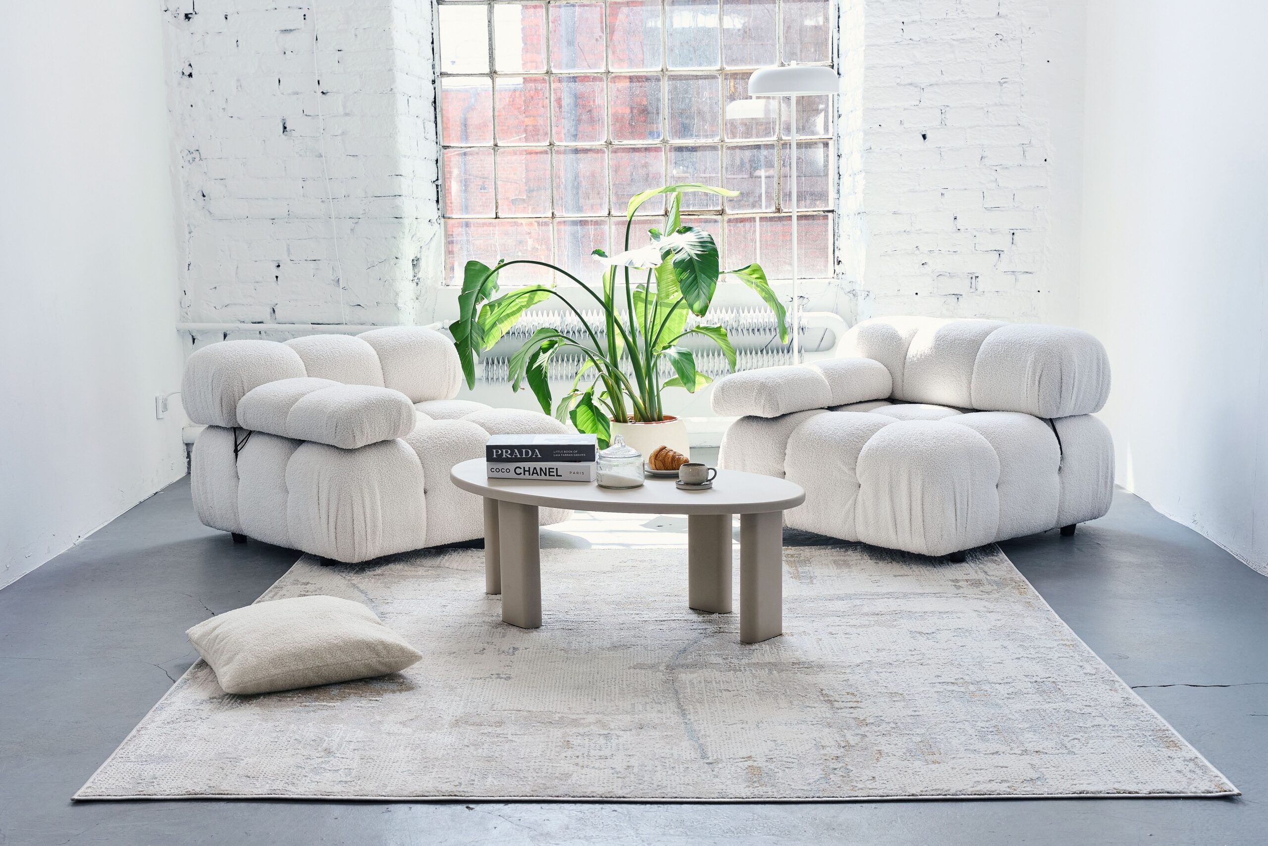 nowoczesna przestrzeń w białym kolorze z dywanem na srodku