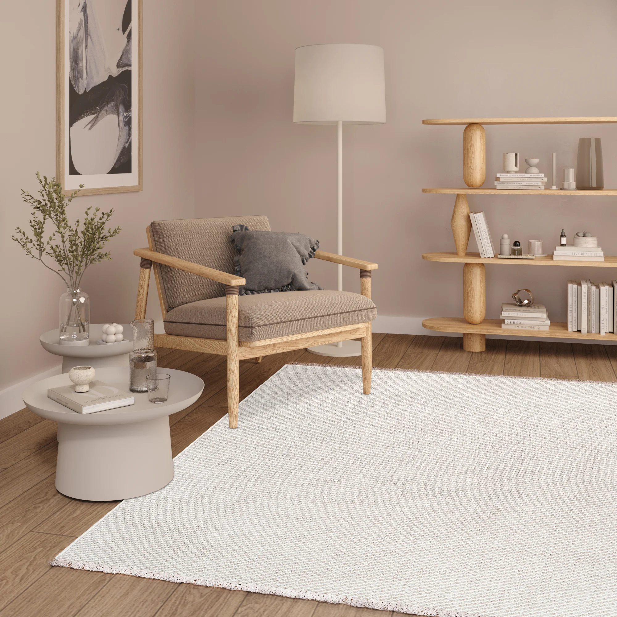 beżowy dywan z białymi frędzlami leży na podłodze w salonie