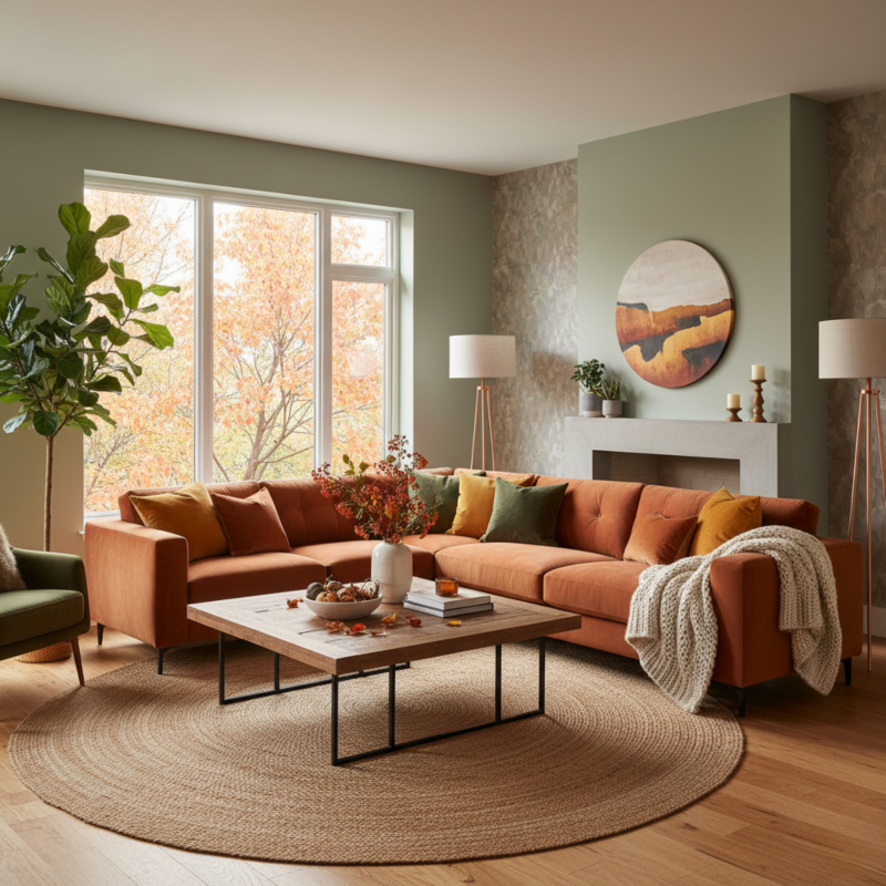 jesienna aranżacja salonu z dywanem jutowym