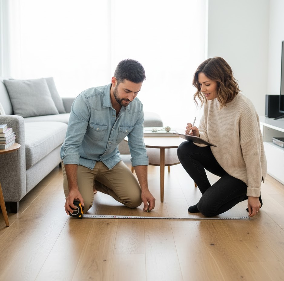 kobieta i mezczyzna mierza miejsce pod dywan