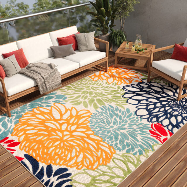Dywan Zewnętrzny Patio Wielokolorowy Kwiaty