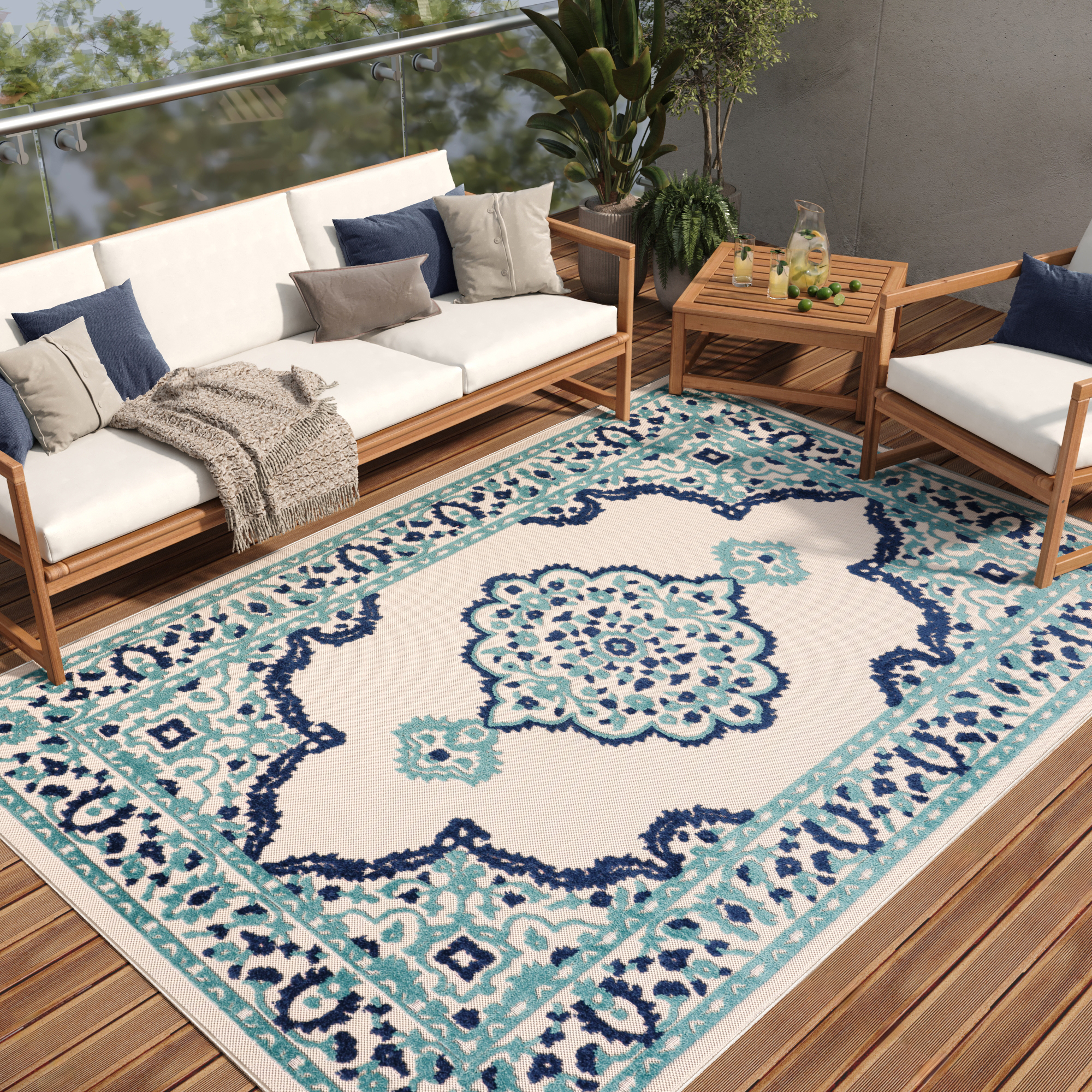 Dywan Zewnętrzny Patio Niebieski Rozeta