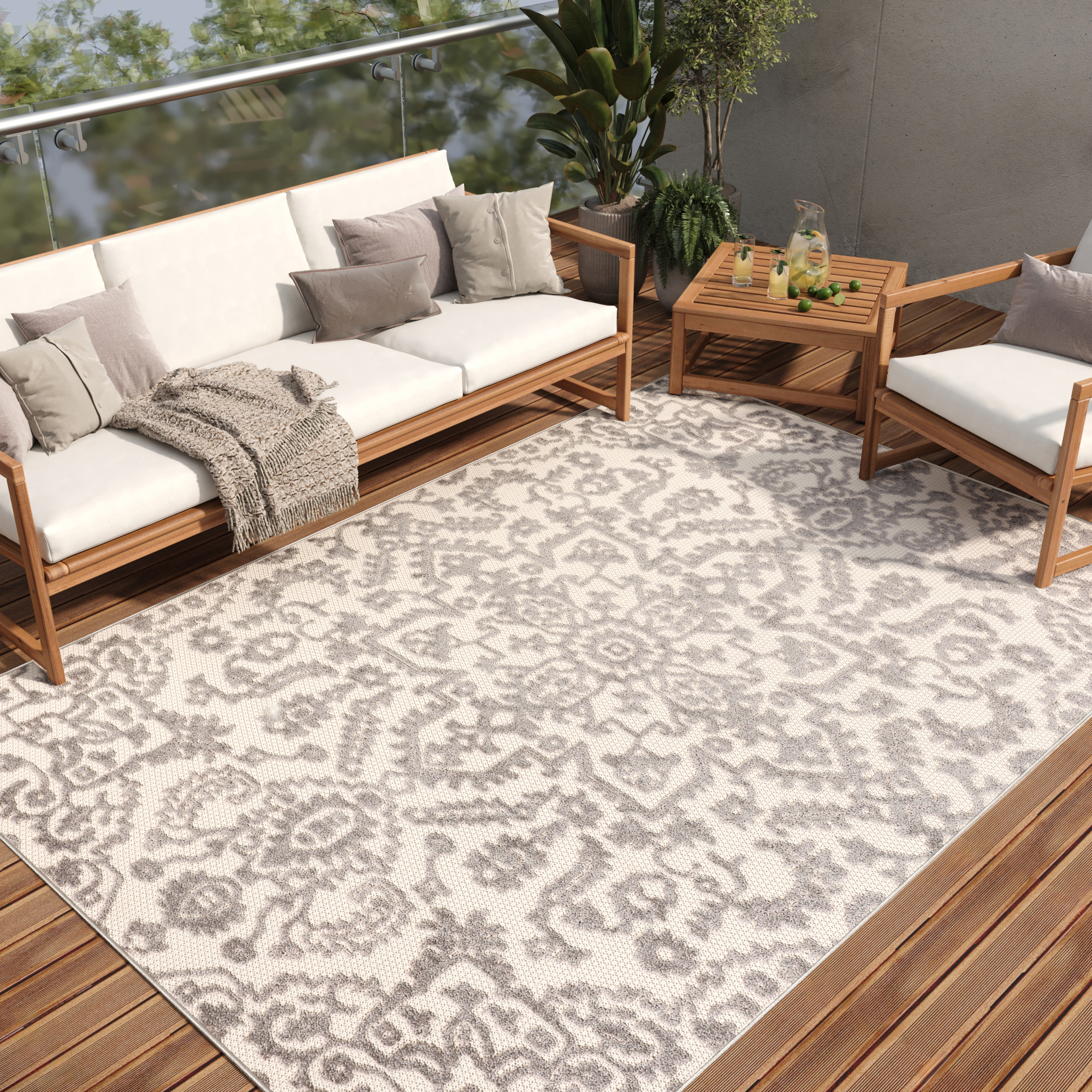 Dywan Zewnętrzny Patio Kremowy Szary Ornamenty