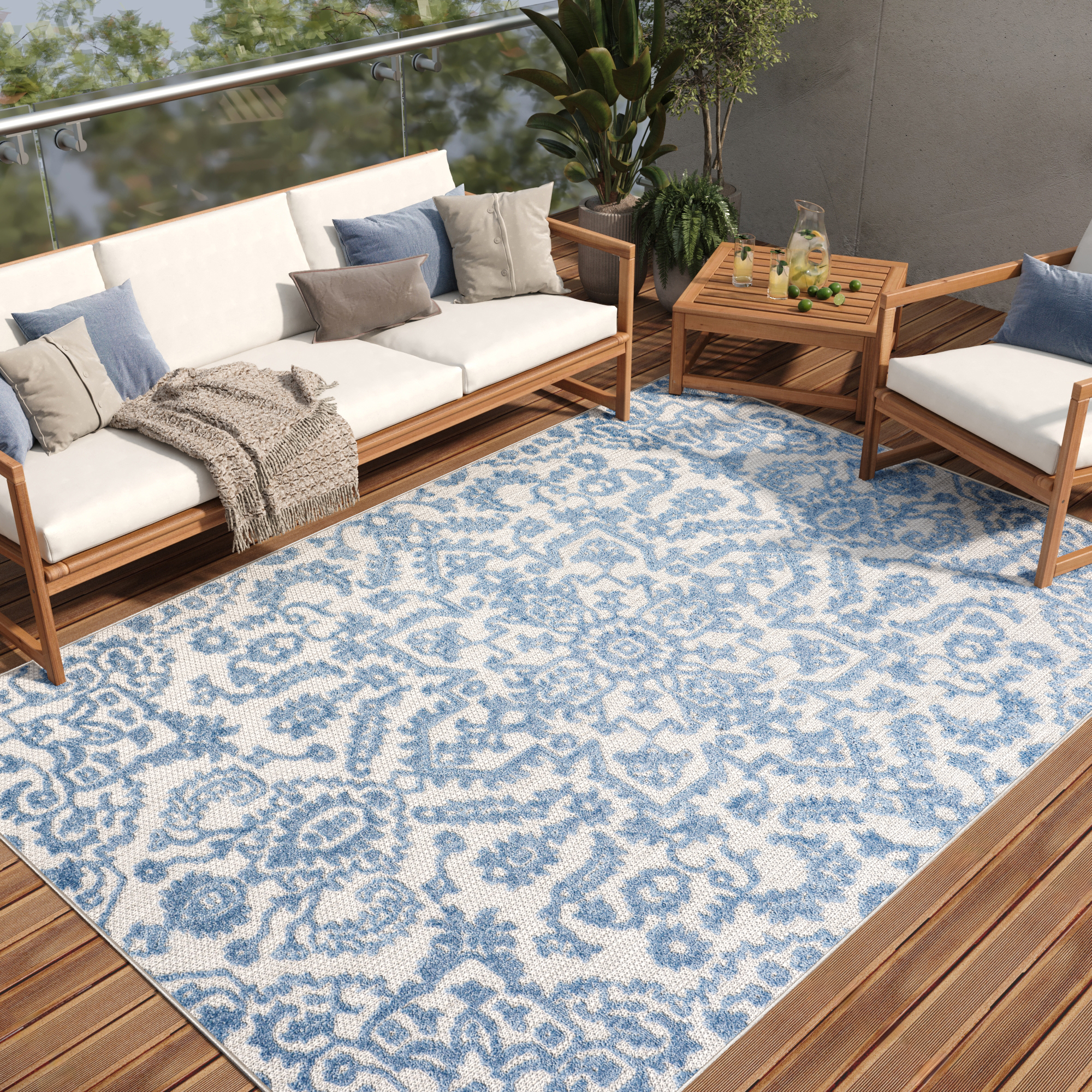 Dywan Zewnętrzny Patio Niebieski Ornamenty