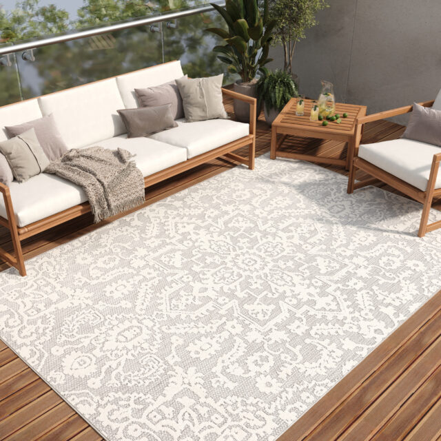 Dywan Zewnętrzny Patio Szary Kremowy Ornamenty