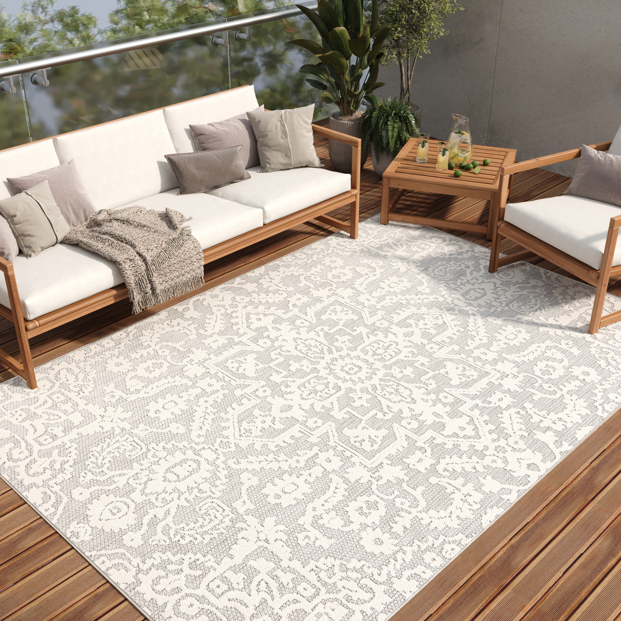 Dywan Zewnętrzny Patio Szary Kremowy Ornamenty
