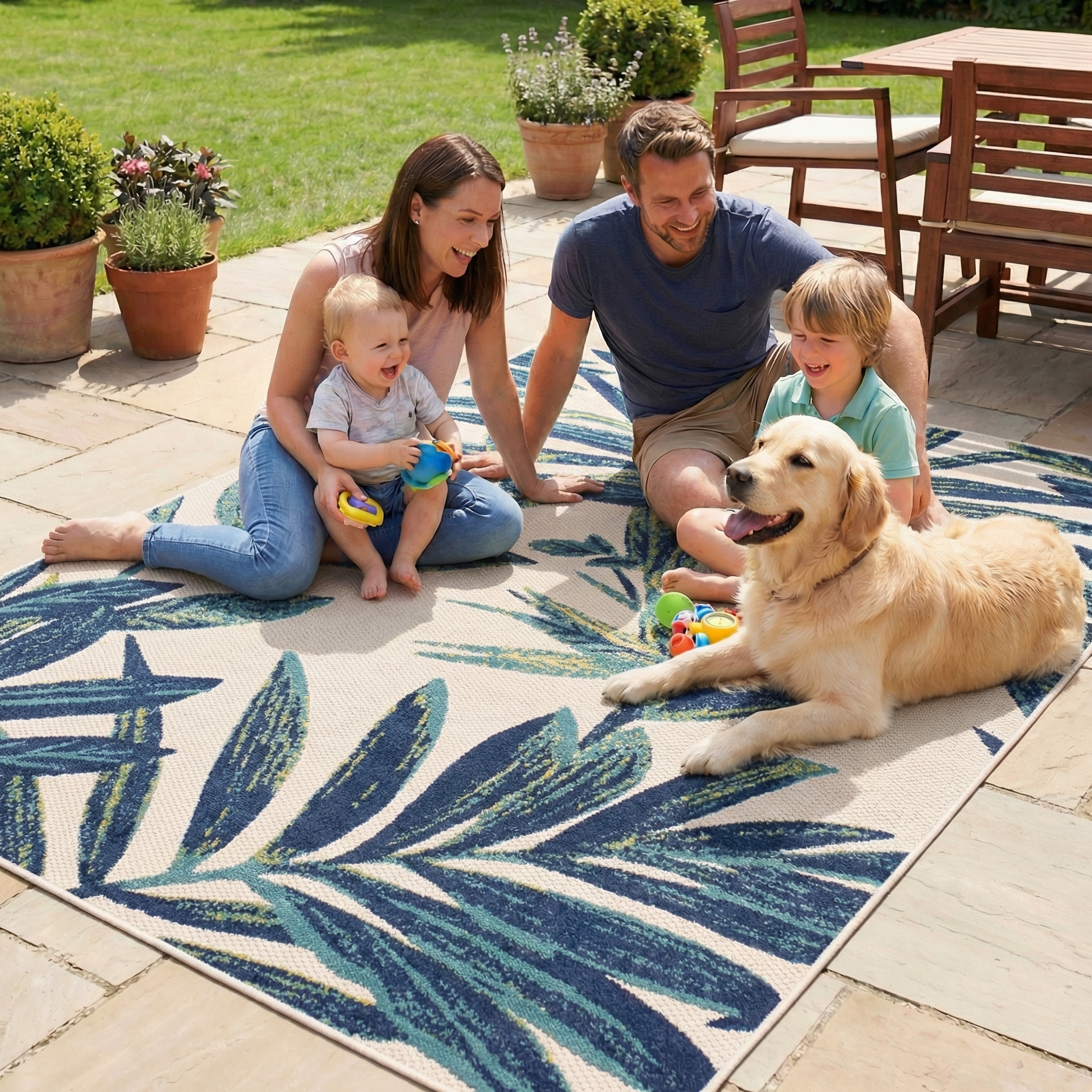 Para z dziećmi i psem odpoczywa na tarasie na dywanie