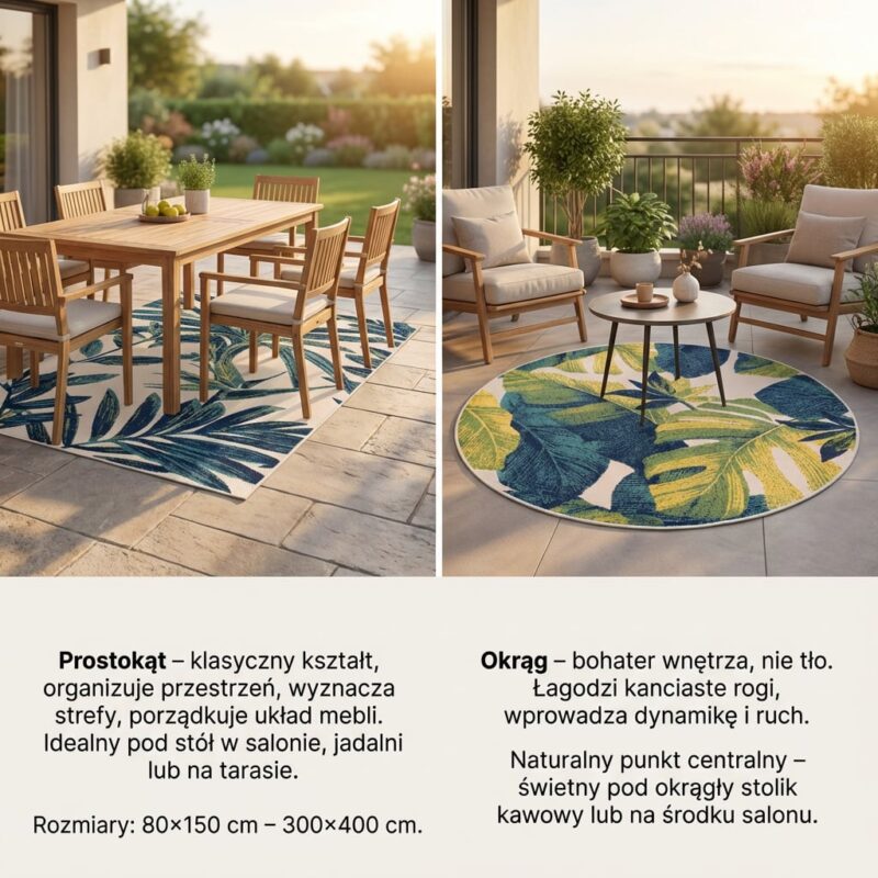 Kolorowy dywan w liście w dwóch kształtach - prostokątnym i okrągłym. Grafika opisuje zalety obu kształtów