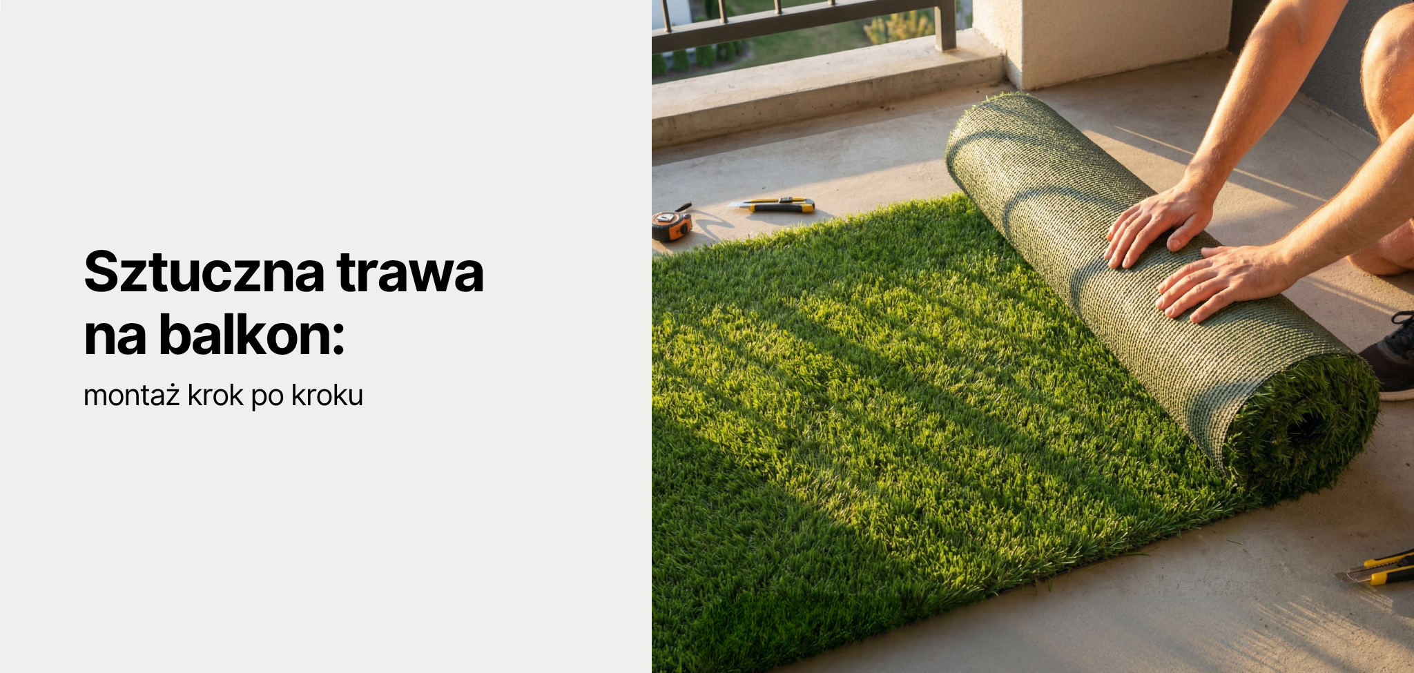rozkładanie sztucznej trawy z rolki na balkonie