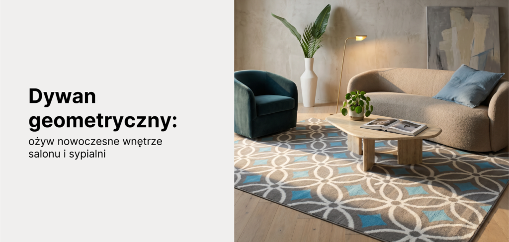 szaro niebieski geometryczny dywan w salonie