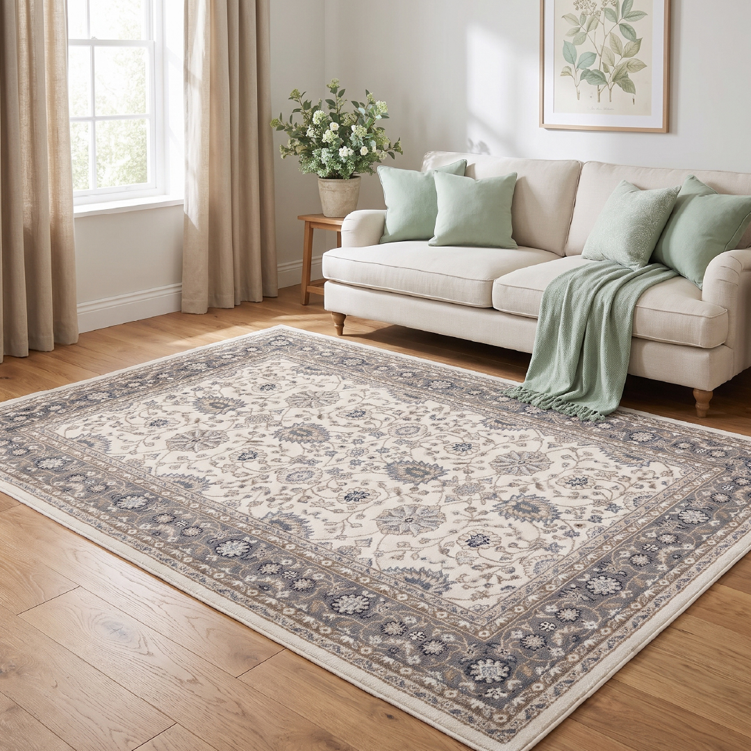 dywan z kolekcji Colorado w klasycznym wzorze vintage w aranżacji salonu: jasna sofa, drewniana podłoga, naturalne światło. Widoczna cała powierzchnia dywanu i jego uporządkowane runo.