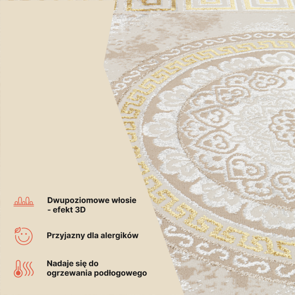 Dywan Ares Złoty Beżowy Ornamenty Medalion