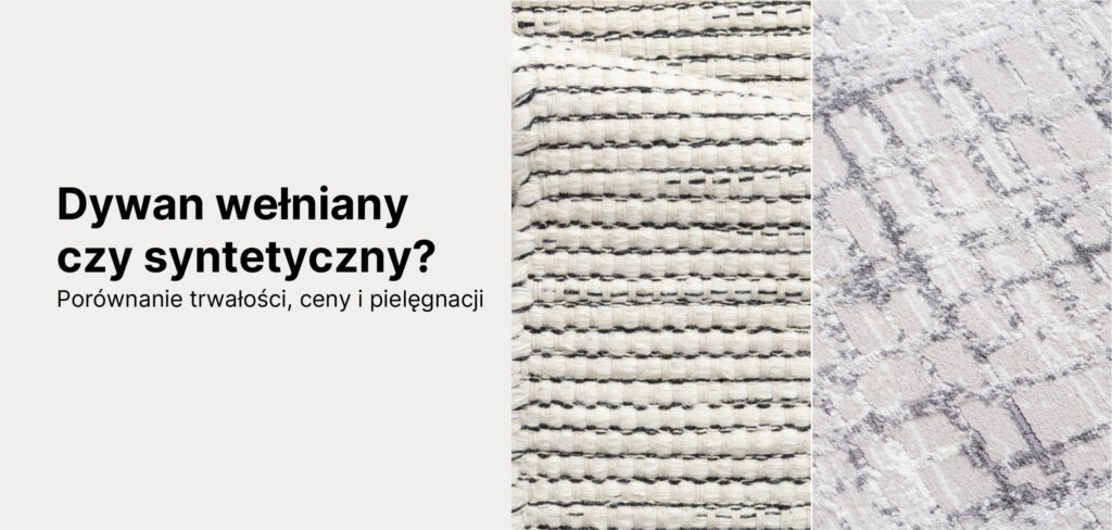 dwa dywany ułożone obok siebie w jasnym salonie: po lewej dywan o naturalnej, wełnianej fakturze w kolorze ecru, po prawej nowoczesny dywan syntetyczny